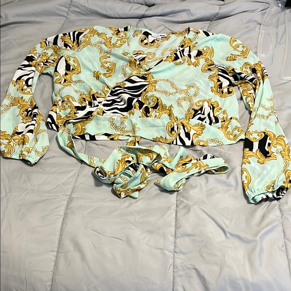 Fashion Nova Mint and Gold Chain Print Top